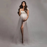  MQTIME  -  Maternity Summer Lace Off-Shoulder Bodysuit for Photoshoot with Tulle Long Sides Slit Tail Women