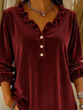 MQTIME  -  New Corduroy Solid Pullovers Elegant Lantern Long Sleeve Loose Tops Autumn New Simple V-neck Ruffles Commute Tops For Women