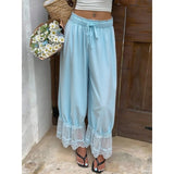 MQTIME  -  Women Mesh See-through Floral Lace Patchwork Ruffle Hem Bloomer Pants Loose Drawstring Elastic Waist Cropped Trousers