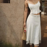  MQTIME  -  Vacation Mesh Lace Skirt Long Hollow Summer Tie Waist New Design White