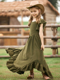 MQTIME  -  New Christmas Style Solid Color Ruffle Edge Irregular Skirt Lace Fly Sleeves Fashionable V-Neck Dress for Teenage Girls