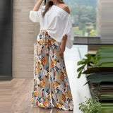 MQTIME  -  Sexy Long Sleeve Tie-Up Top & Long Pant 2Pc Suit Women Casual Pockets Slant Shoulder Loose Set Elegant Print Wide Legger Outfits