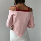 MQTIME  -  Womens Fake Two Pieces Shirt Tops Cold Shoulder Contrast Color Y2k Crop Top Asymmetrical Triangle Hem Slim Fit Blouse