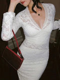  MQTIME  -  Sexy V-neck Long Sleeve Lace Patchwork Dress Women Elegant Double-layer Stretchy Party Club Evening Dress Wedding Outfit
