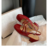 MQTIME -  Red retro style thick heeled Mary Jane shoes, medium heeled soft leather single shoes