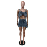 MQTIME  - Women Denim Cargo Two Piece Set Multi Pockets Zipper Spaghetti Straps Crop Tops Bodycon Mini Skirts with Lace Up Belt Jeans Suit