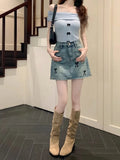 MQTIME  -  Retro Bow Embroidery Denim Mini Skirt Washed Make Old Summer High Waiste A-line Skirt Korean Fashion Cutecore Clothing