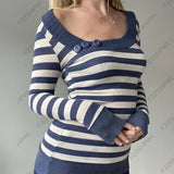 MQTIME  -  Y2K Women Knit Long Sleeve top pink Striped tops punk Scoop Neck Casual Fall Fashion Going Out Tops sexy slim sweater Streetwear