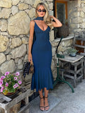 MQTIME  -  Sexy Spaghetti Strap Bodycon Ruched Summer Dress Women's Long Dress Fashion Elegant V-neck Holiday Summer Party Dress