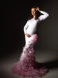 MQTIME  -  Romantic Pink Petals Maternity Dress Photoshoot Off Shoulder White Pregnancy Dress