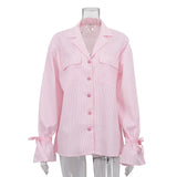 MQTIME  -  Striped Commuter French Shirt Women's Spring and Autumn New Printed Lapel Flared Sleeve Loose Pocket Shirt
