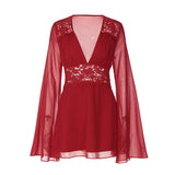 MQTIME  -  Dress Sexy Deep V Splicing Lace Waist Mesh Horn Sleeve Temperament Skirt