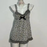 MQTIME  -  American Vintage Y2K Grey Lace Bow Heart Leopard Print Slip Dress Women Summer Slim Fit Spaghetti Strap Mini Dresses
