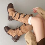 MQTIME  -  Vintage Multi‑Buckle Straps Combat Boots Women Shoes Military Knee‑High Boots Washed Canvas Motorcycle Boots