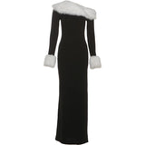  MQTIME  -  Furry Patchwork Christmas Dress Women Winter Elegant Trend Diagonal Collar Split Hem Full Sleeve Party Club Vestidos