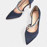 MQTIME  -  Sexy Side Cut Out High Heels Pointed Toe Satin Strap Rhinestone Chain Women Dress Sandals