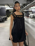  MQTIME  -  Elegant Lace Patchwork Dress Women Sexy Solid Short Sleeve Lace Up Loose Mini Dresses Summer Lady Daily Street Robe