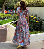 MQTIME  -  Korean Style Summer Female Floral Dress Sweet Puff Sleeve V-neck Button Fly Fashion Printed Women's Long Dress Ruffles Patchwork