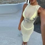 MQTIME  -  3d Starfish See Through Beach Long Dress Women Slim O-neck Sleeveless Backless Lace Up Dresses 2025 Summer Mesh Holiday Robes