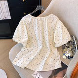 MQTIME  -  French bubble sleeved beige polka dot shirt for women's 2024 summer new retro loose tie round neck short sleeved top