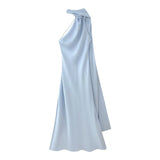 MQTIME  -  Women Ribbon Hanging Neck Long Dresses Solid Color Summer Sleeveless Backless Slim Halter Party Dress Female Elegant Satin Robe