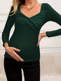 Mqtime Pregnant Women's Fashion Cross Wrap Sweetheart Long Sleeve V-Neck Ribbed Pregnant Mom Autumn/Winter T-shirt Top