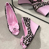 MQTIME  -  Women Pink Leopard Print Peep Toe Wedge High Heel Pumps Bow Decor Sweet Gal Y2K Shibuya Harajuku Kawaii Party Dress Shoes