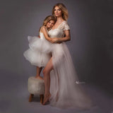  MQTIME  -  Maternity Summer Lace Off-Shoulder Bodysuit for Photoshoot with Tulle Long Sides Slit Tail Women