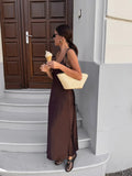 MQTIME  -  Fashion Lady Elegant Sling Maxi Dresses Solid Sleeveless Backless V Neck Slim Fit Long Satin Gowns New Evening Party Robes