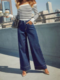  MQTIME  -  Women's Classic Blue High Rise Wide Leg Jeans - Stretch Jeans with Button Fly, Soft and Comfortable, Slim Fit Vintage Wash Jeans