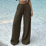  MQTIME  -  Women's Casual High Waisted Drawstring Wide Leg Pants Solid Color Loose Flowy Trousers for Summer Beach Vacation Daily Wear Chic