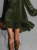  MQTIME  -  Spring Autumn Long Sleeve Elegant Velvet Bow Mini Dress Women's Clothing Casual Party Work Evening Office Lady Dresses