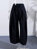 MQTIME  -  Fashion Stripe Pleated Wide Leg Pants For Women Casual Pockets High Waist Long Trousers Autumn New Lady Pants High Street