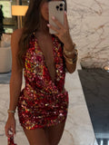 MQTIME  -  Halter Sequin Top Vest Mini Skirt Set Beaded V Neck Blouse Tank Sexy Backless Waistcoat Beach Half Skirts Suit Women's Clothing