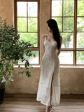 MQTIME  -  Elegant Sheer Mesh Sexy Maxi Dress For Women White See Through Spaghetti Strap Sleeveless Thigh High Split Long Dress