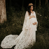  MQTIME  -  Long Train Boho Maternity Photo Shoot Long Dress Beige Lace Pregnant Woman Photography Props