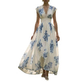 2025 Summer New Simple Palace Style Printed Women Waist Dress Fashion V-neck Lace Female Long Dresses