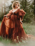  MQTIME  -  Vintage Brown Maternity Evening Dress for Baby Shower Sexy V Neck Pregnant Women Gowns Customized Formal Photography Props