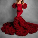 MQTIME  -  Real Image Floral Ruffled Bridal Maternity Dress Sexy Slit Elastic Maternity Dresses Photoshoot Baby Shower Baby Shower