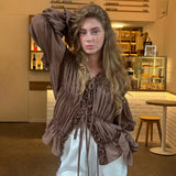 MQTIME  -  Wrinkled Perspective Shirt Women Spring Summer New Solid Pleated Ruffled Tie-Up Shirt Female Commuting Fashion Top