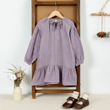 MQTIME  -  Girls Double-Layer Crepe Cotton Dress V-Neck Lace-Up Long-Sleeved Casual Loose Ruffled Chic Autumn Children's Clothing