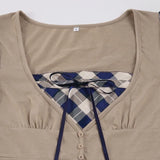 MQTIME  -  American Preppy Argyle Contrast Color Patchwork Square Collar Short Sleeve Top Female