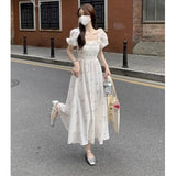 MQTIME  -   2024 Summer New Women's Fragmented Flower Bubble Sleeve Dress Square Neck Short Sleeve French Kikyu Tea Break Dress