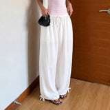  MQTIME  -  Women's White Loose Wide Leg Pants Drawstring Elastic Waist Tie - Ankle Cuffs Flowy Summer Beach Pants Casual Lounge Sheer Pants