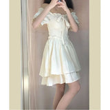 MQTIME  -  Sweet Summer Mini Dress for plus Size Women with Wood Grain Ruffle Bubble Sleeve Square Collar Waist Cinching Fashionable