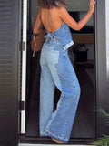 MQTIME  -  Summer Casual Street Solid Color Women Suit Fashion Pocket Holiday Outfit O Neck Sleeveless Top and Long Pants Denim 2 Piece Set