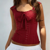  MQTIME  -  Y2k Solid Slim Bow Square Collar Sleeveless Sexy All Match Knitted Fashion Tanks