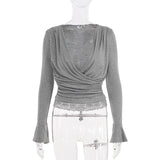  MQTIME  -  Women's Sexy Deep V Neck Wrap Top Lace Trim Long Sleeve Blouse Casual Slim Fit Ruched Tunic Shirt Elegant Bell Sleeve Early Fall