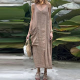 MQTIME  -  Elegant V Neck Loose Suspender Dress Lady Vintage Linen Sleeveless Pocket A-line Dress Leisure Sleeveless Irregular Solid Robes