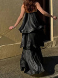 MQTIME  -  Summer Leisure Vacation Long Dress Elegant Sling Layered Satin Party Dress New Ladies Sleeveless Hollow Beach Maxi Dresses
